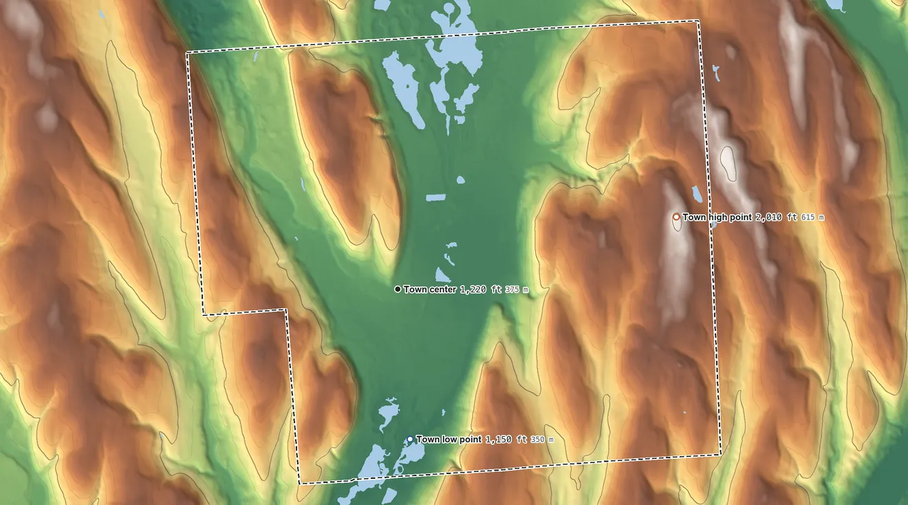 Topographic elevation map of Preble, New York, shaded from 1,150 ft on the south side to 2,010 ft on the east side
