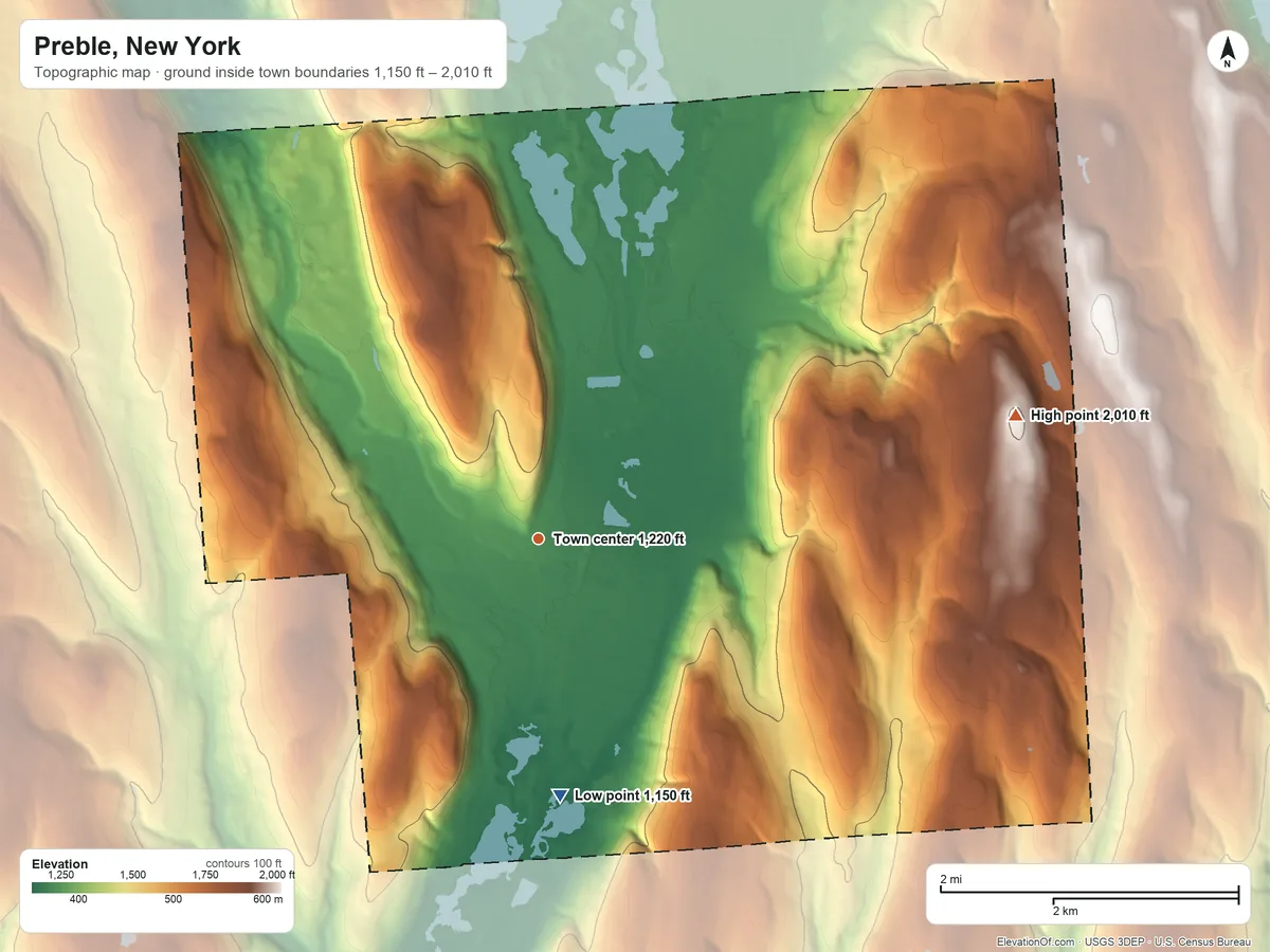 Topographic elevation map of Preble, New York, shaded from 1,150 ft on the south side to 2,010 ft on the east side