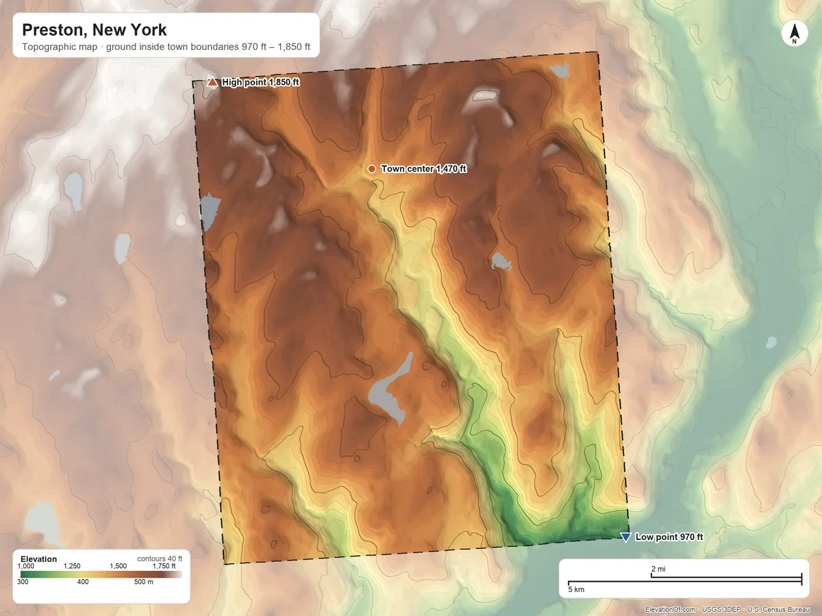 Topographic elevation map of Preston, New York, shaded from 970 ft on the southeast side to 1,850 ft on the northwest side