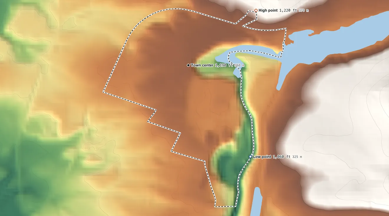 Topographic elevation map of Prospect, New York, shaded from 1,060 ft on the southeast side to 1,220 ft on the northeast side