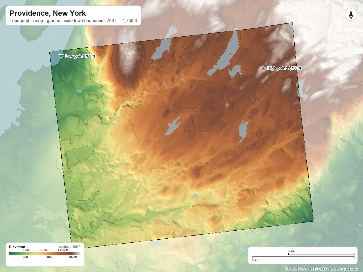 Topographic elevation map of Providence, New York, shaded from 760 ft on the northwest side to 1,750 ft on the northeast side