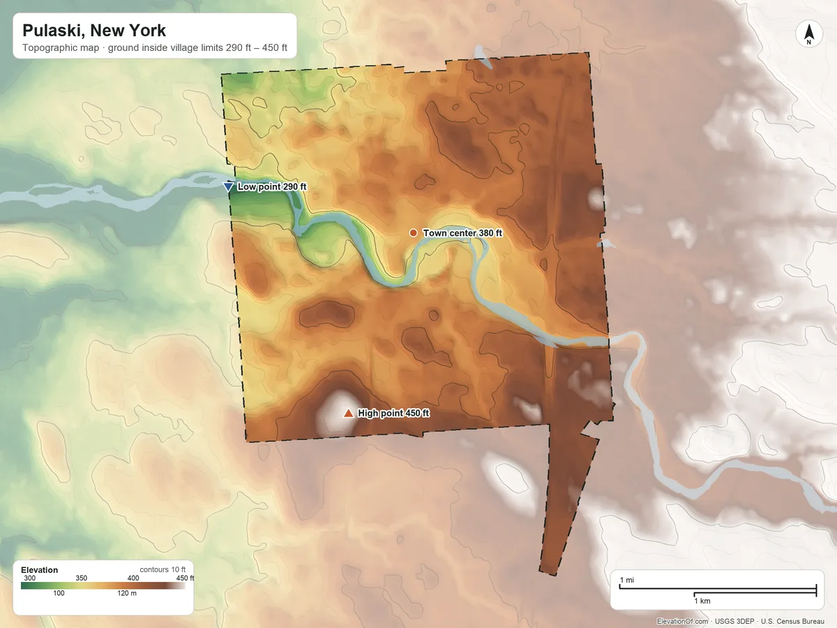 Topographic elevation map of Pulaski, New York, shaded from 290 ft on the west side to 450 ft on the south side