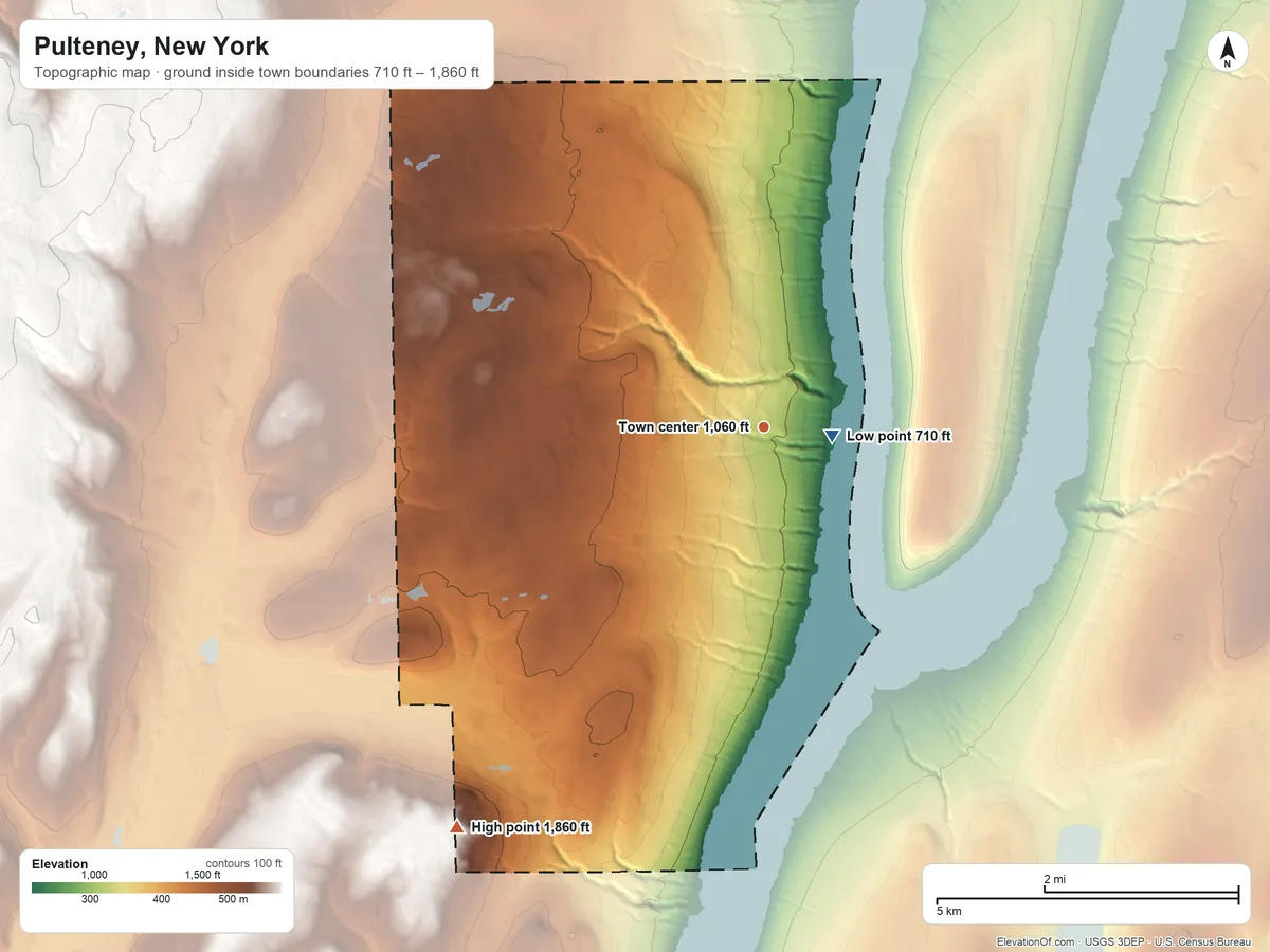 Topographic elevation map of Pulteney, New York, shaded from 710 ft near the middle to 1,860 ft on the southwest side