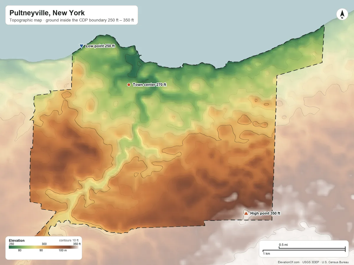 Topographic elevation map of Pultneyville, New York, shaded from 250 ft on the northwest side to 350 ft on the southeast side