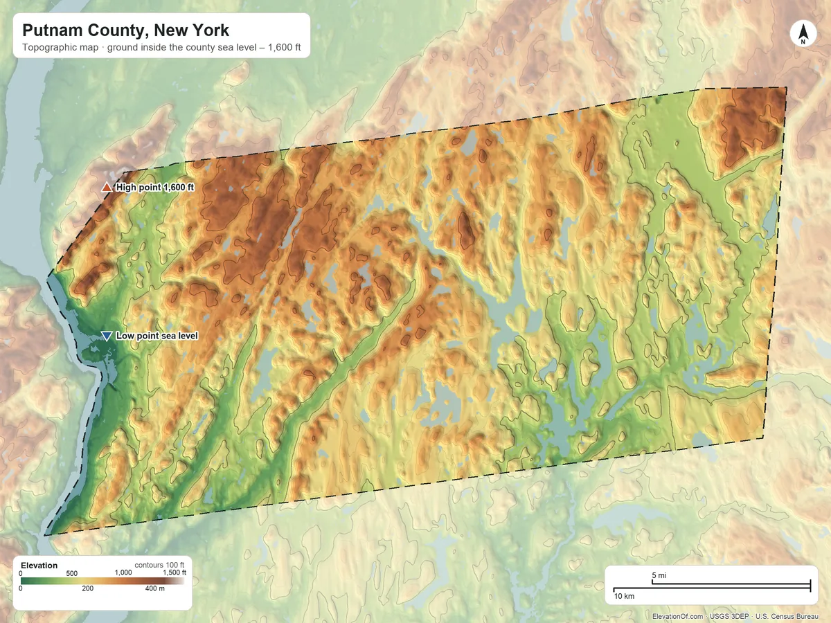 Topographic elevation map of Putnam County, New York, shaded from sea level on Foundry Cove to 1,600 ft on South Beacon Mountain