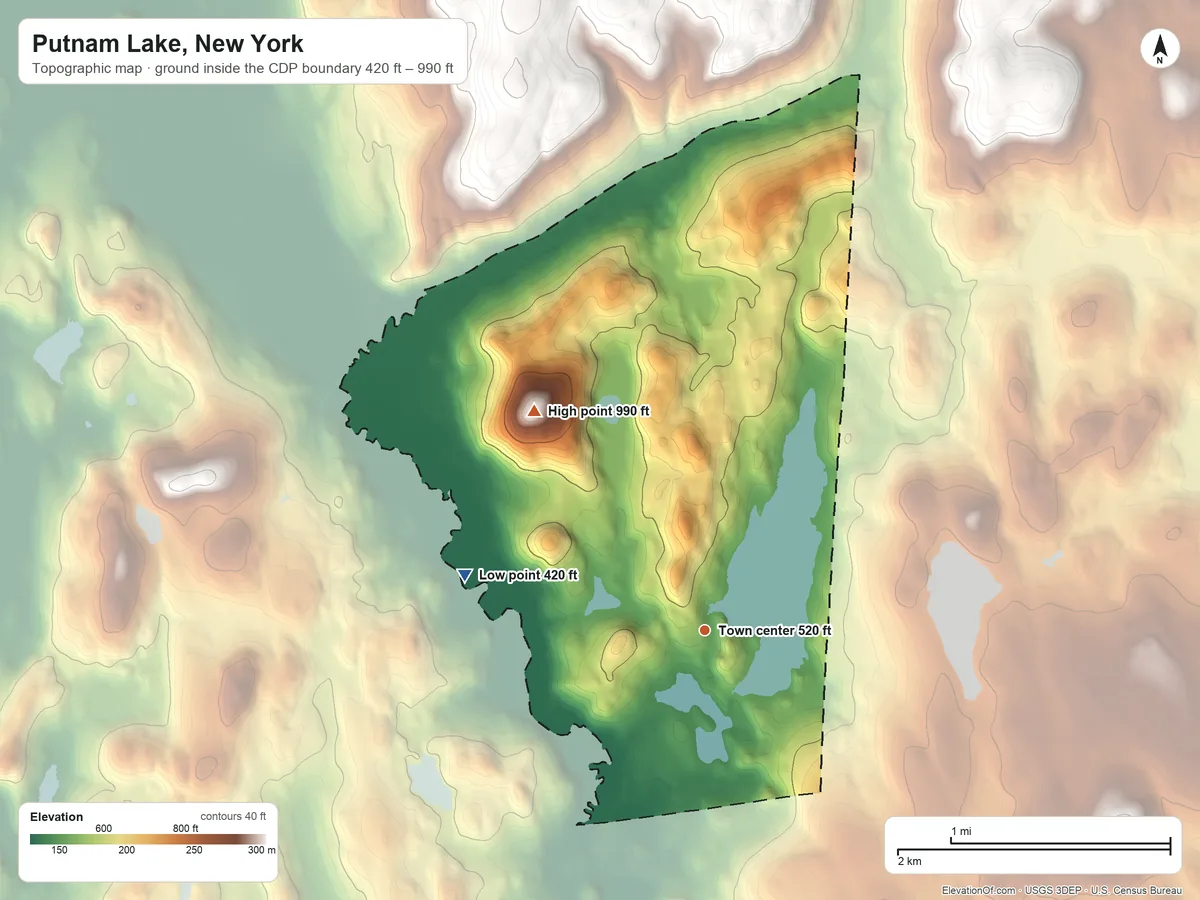Topographic elevation map of Putnam Lake, New York, shaded from 420 ft on the west side to 990 ft on Browns Mountain