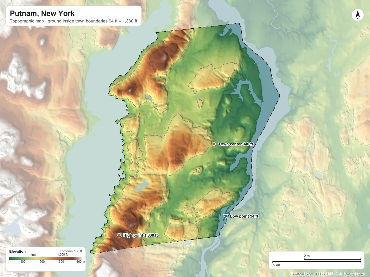 Topographic elevation map of Putnam, New York, shaded from 94 ft on the south side to 1,330 ft on the southwest side