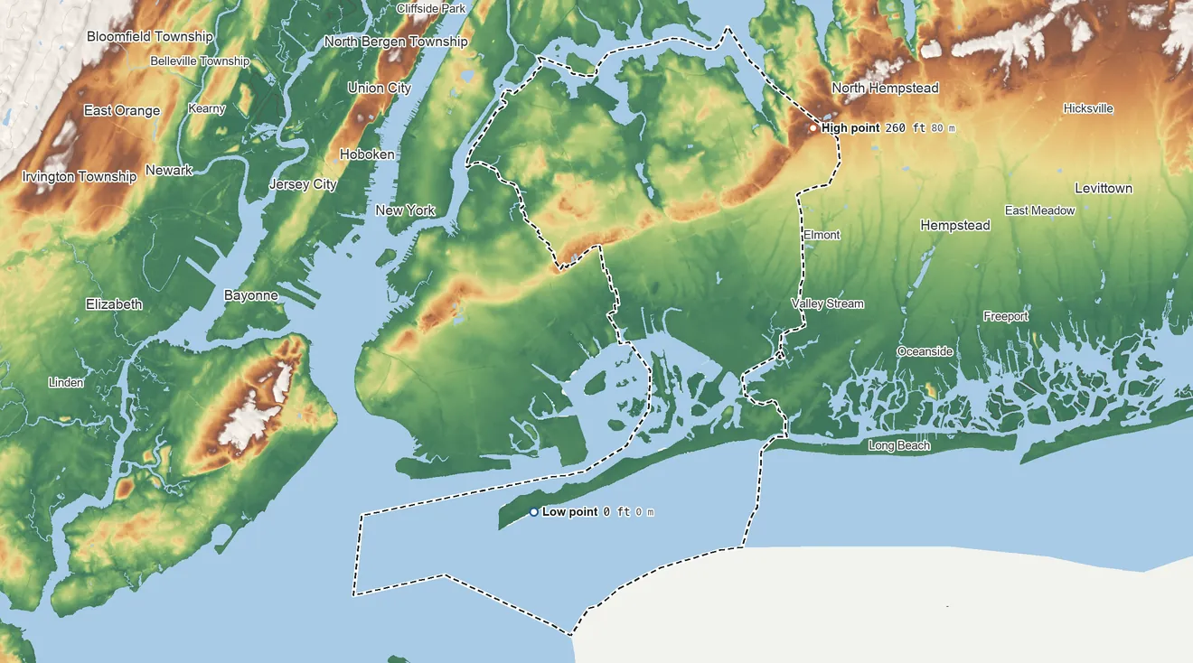 Topographic elevation map of Queens County, New York, shaded from sea level on the Atlantic Ocean to 260 ft on the northeast side