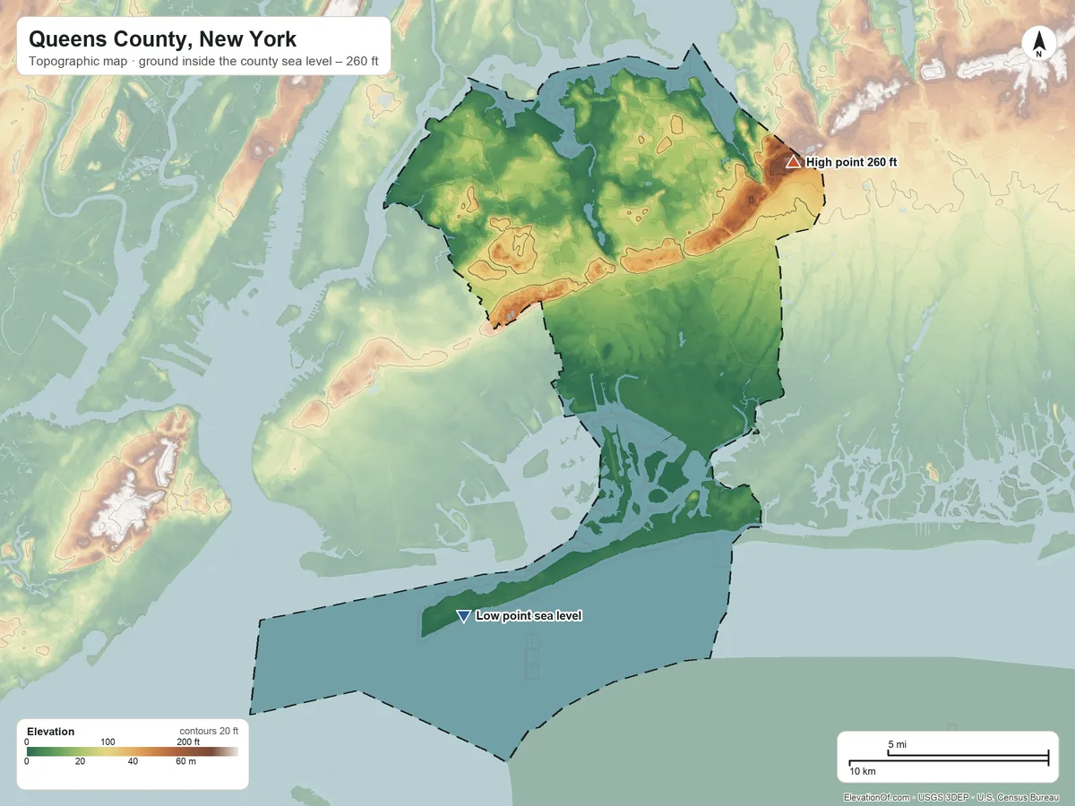 Topographic elevation map of Queens County, New York, shaded from sea level on the Atlantic Ocean to 260 ft on the northeast side