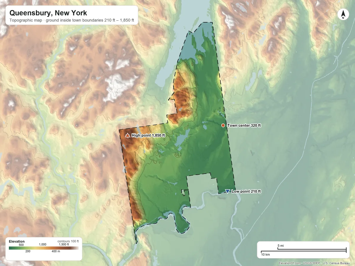 Topographic elevation map of Queensbury, New York, shaded from 210 ft on the south side to 1,850 ft on Darling Mountain