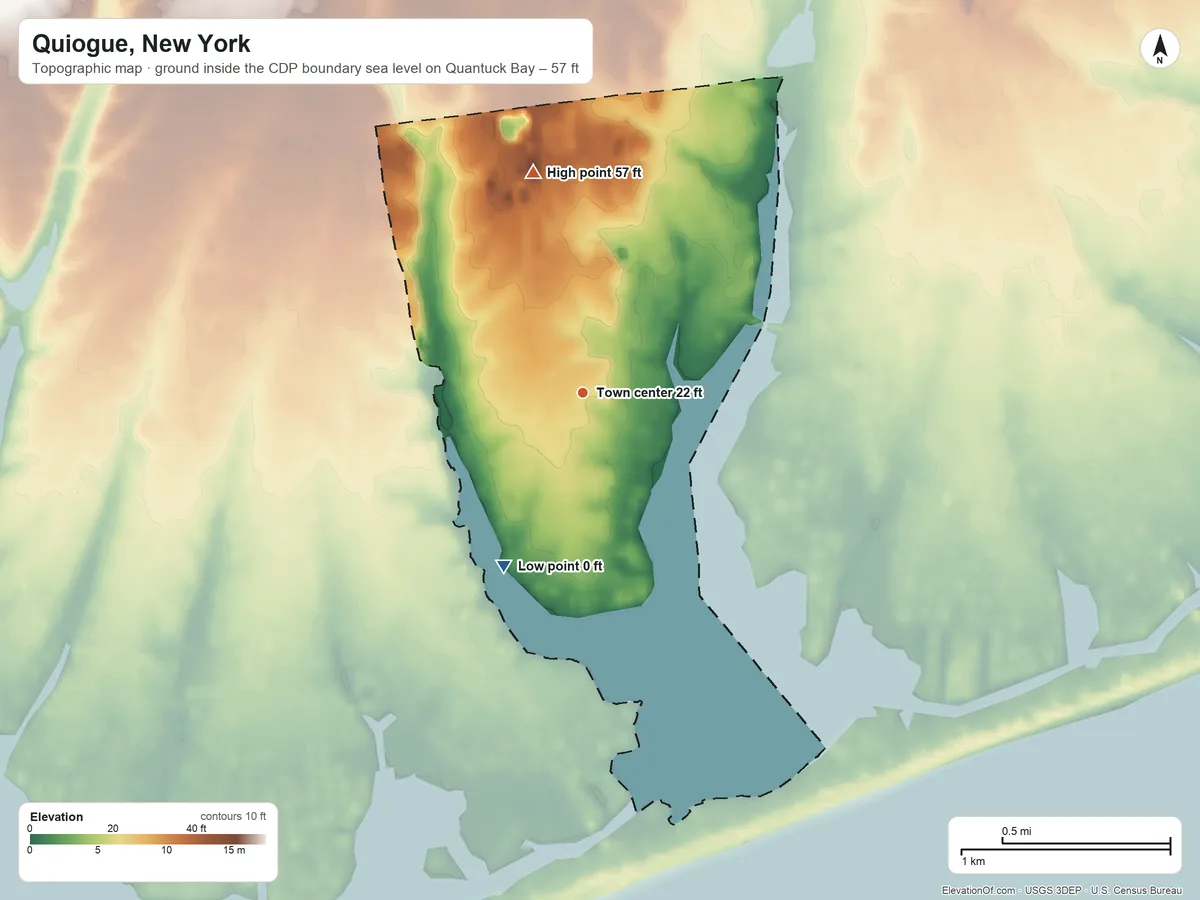 Topographic elevation map of Quiogue, New York, shaded from sea level level on Quantuck Bay to 57 ft on the north side