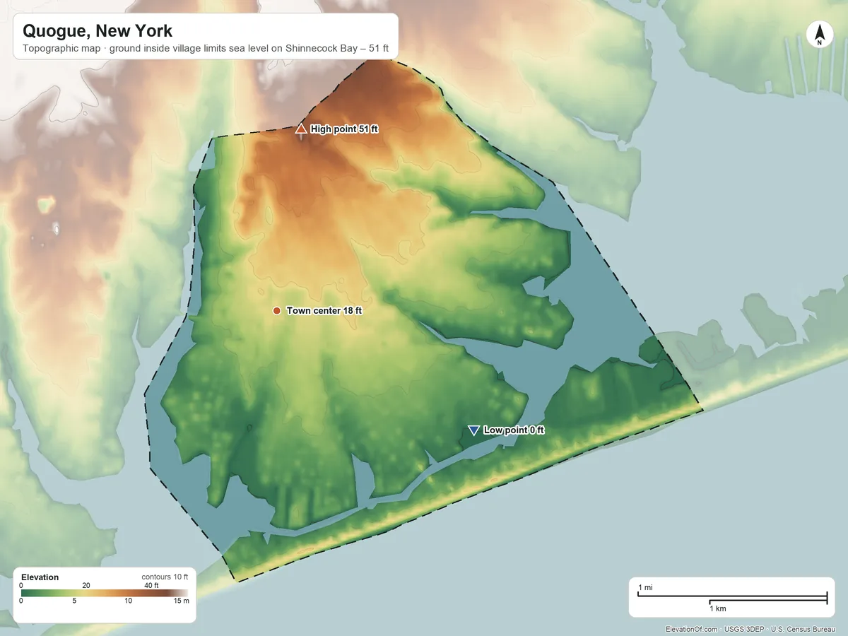 Topographic elevation map of Quogue, New York, shaded from sea level level on Shinnecock Bay to 51 ft on the north side