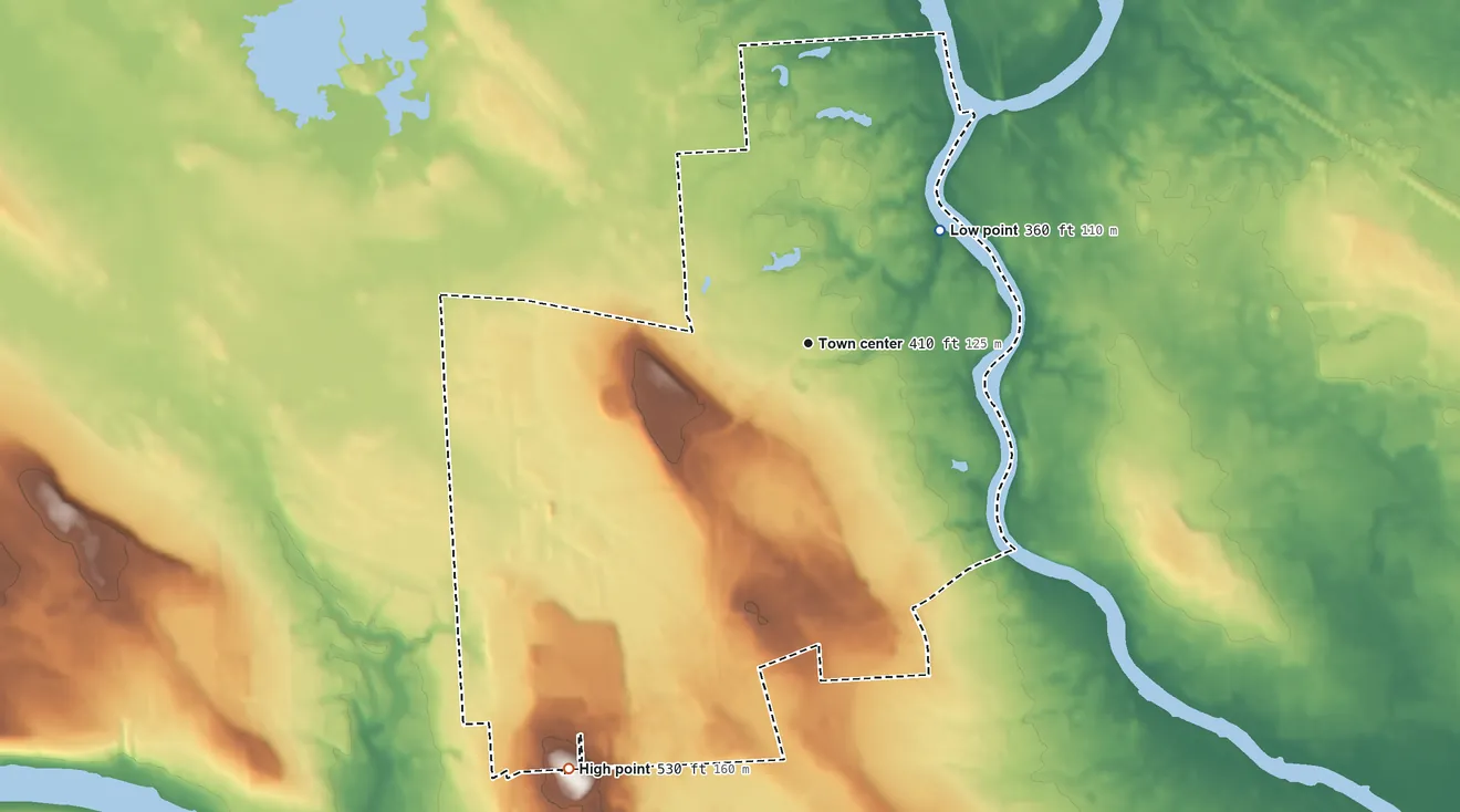 Topographic elevation map of Radisson, New York, shaded from 360 ft on the northeast side to 530 ft on the southwest side