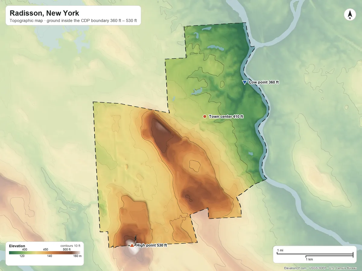 Topographic elevation map of Radisson, New York, shaded from 360 ft on the northeast side to 530 ft on the southwest side