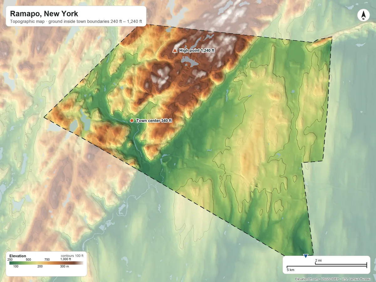 Topographic elevation map of Ramapo, New York, shaded from 240 ft on the southeast side to 1,240 ft on Diamond Mountain