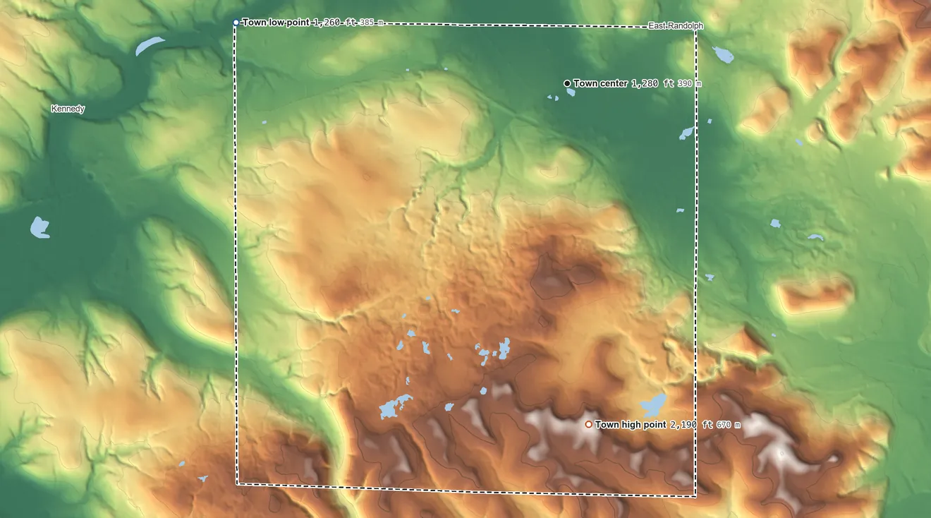 Topographic elevation map of Randolph, New York, shaded from 1,260 ft on the west side to 2,190 ft on the south side