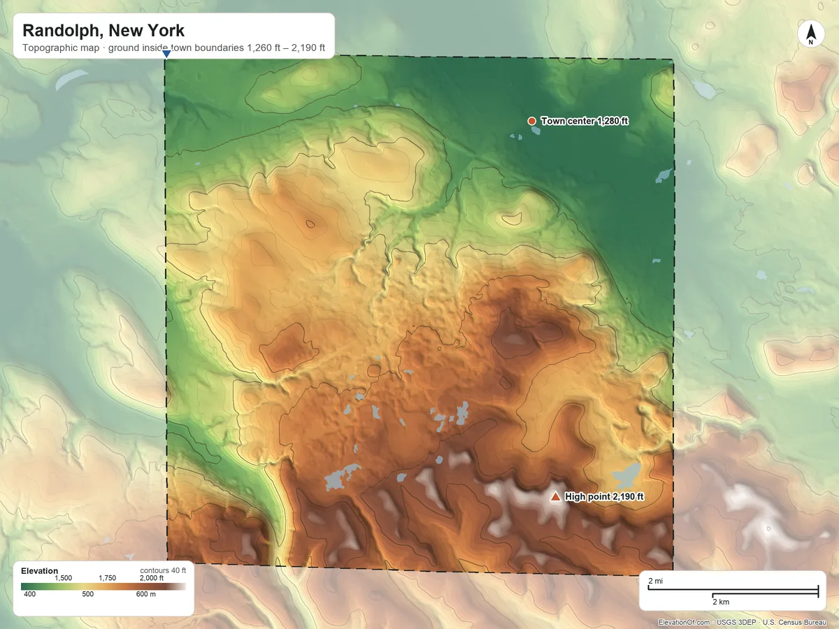 Topographic elevation map of Randolph, New York, shaded from 1,260 ft on the west side to 2,190 ft on the south side