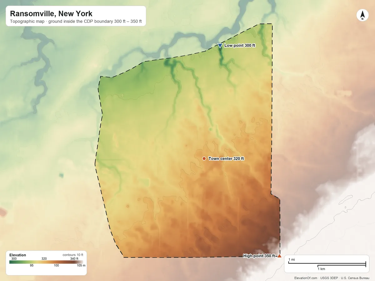 Topographic elevation map of Ransomville, New York, shaded from 300 ft on the north side to 350 ft on the southeast side