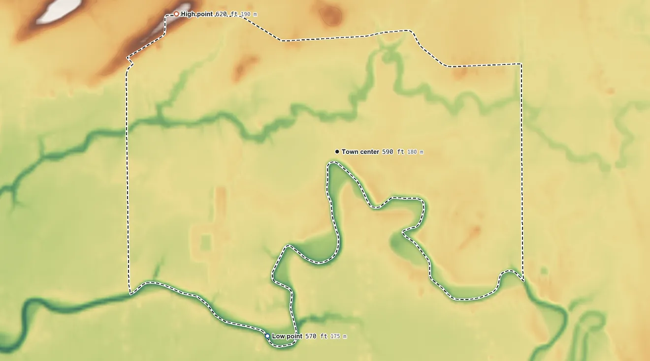 Topographic elevation map of Rapids, New York, shaded from 570 ft on the south side to 620 ft on the northwest side
