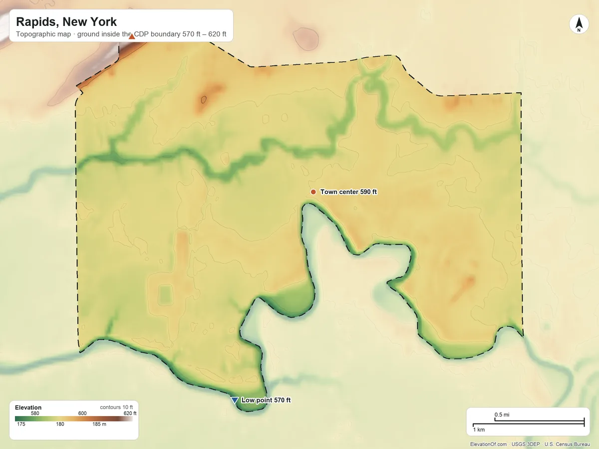 Topographic elevation map of Rapids, New York, shaded from 570 ft on the south side to 620 ft on the northwest side