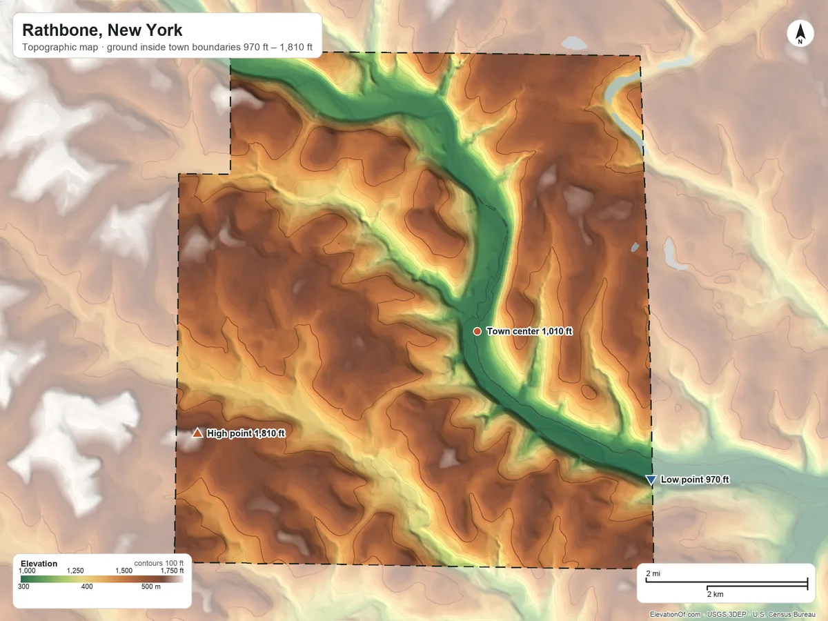 Topographic elevation map of Rathbone, New York, shaded from 970 ft on the southeast side to 1,810 ft on the west side