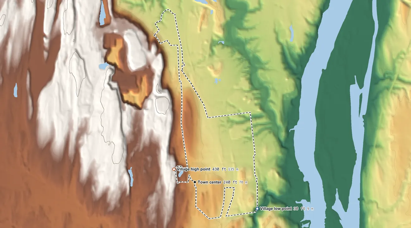 Topographic elevation map of Ravena, New York, shaded from 30 ft on the southeast side to 430 ft on the northwest side