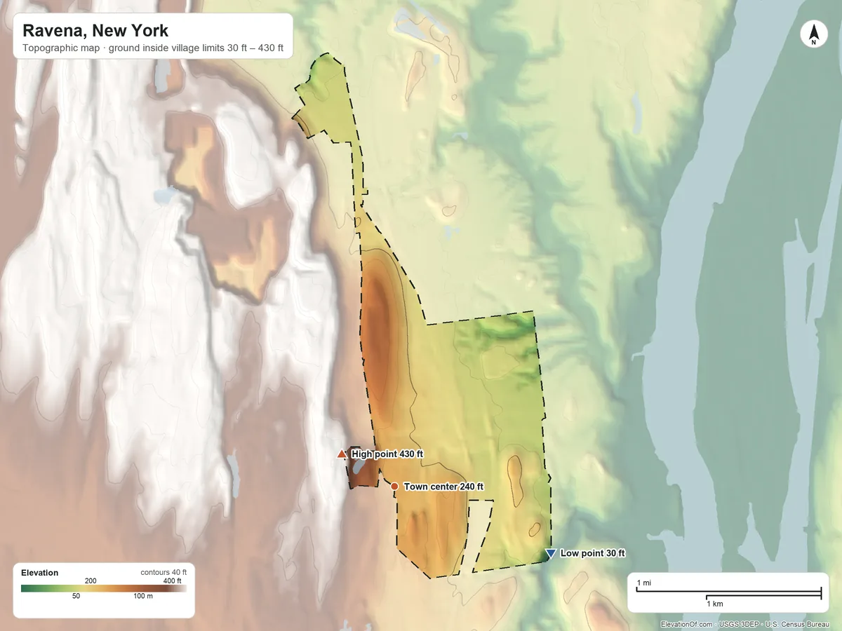 Topographic elevation map of Ravena, New York, shaded from 30 ft on the southeast side to 430 ft on the northwest side