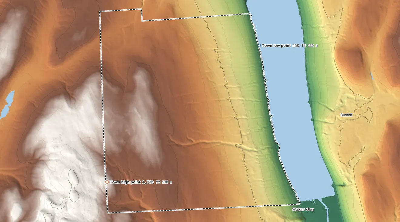 Topographic elevation map of Reading, New York, shaded from 450 ft on the northeast side to 1,730 ft on the southwest edge, below higher ground just outside