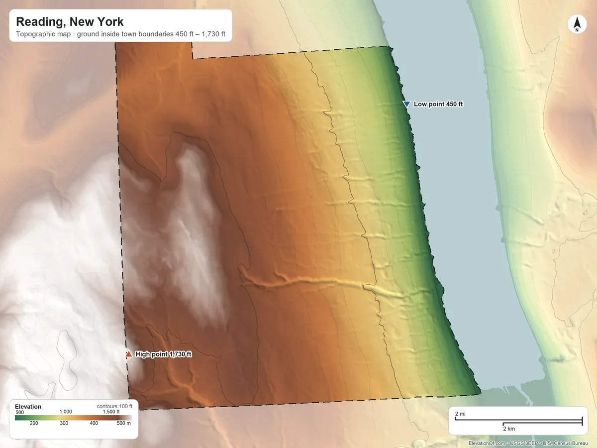 Topographic elevation map of Reading, New York, shaded from 450 ft on the northeast side to 1,730 ft on the southwest edge, below higher ground just outside