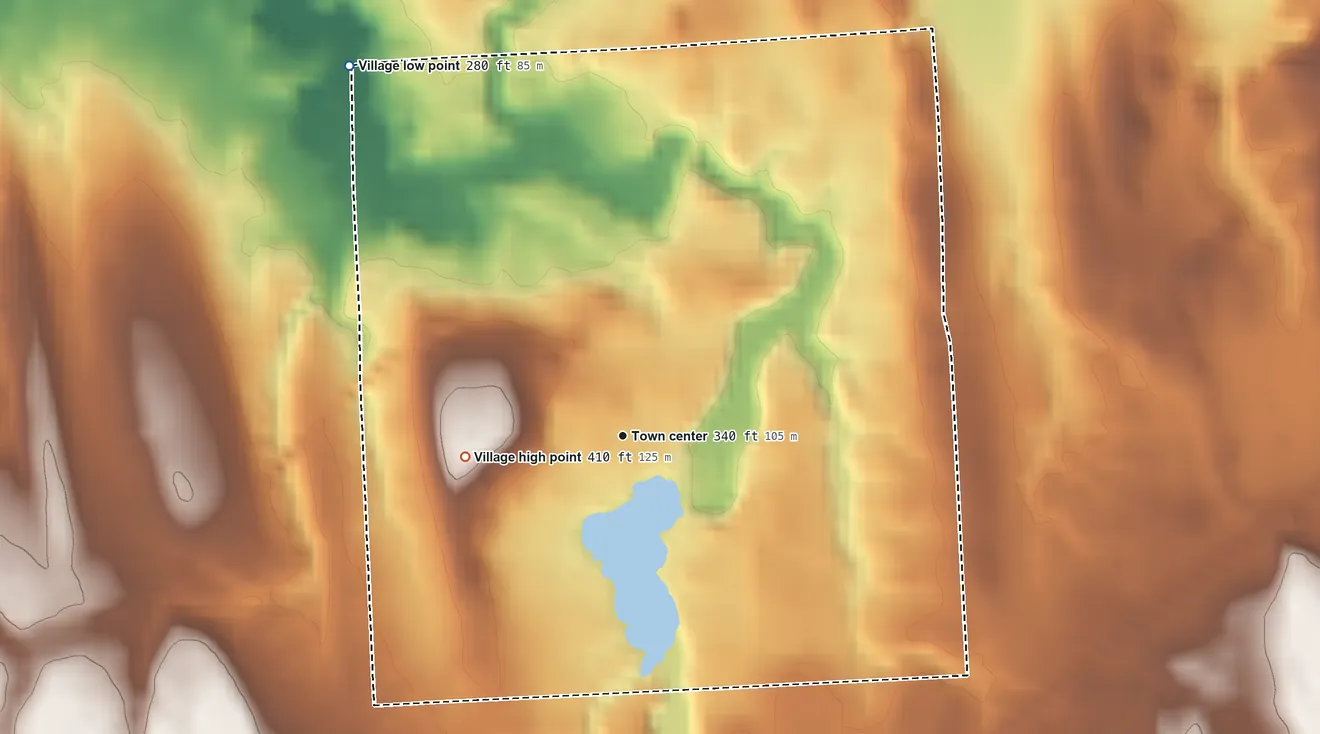 Topographic elevation map of Red Creek, New York, shaded from 280 ft on the northwest side to 410 ft on the west side