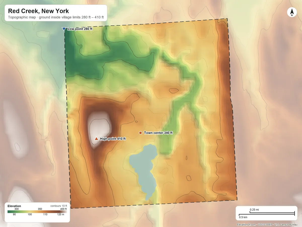 Topographic elevation map of Red Creek, New York, shaded from 280 ft on the northwest side to 410 ft on the west side