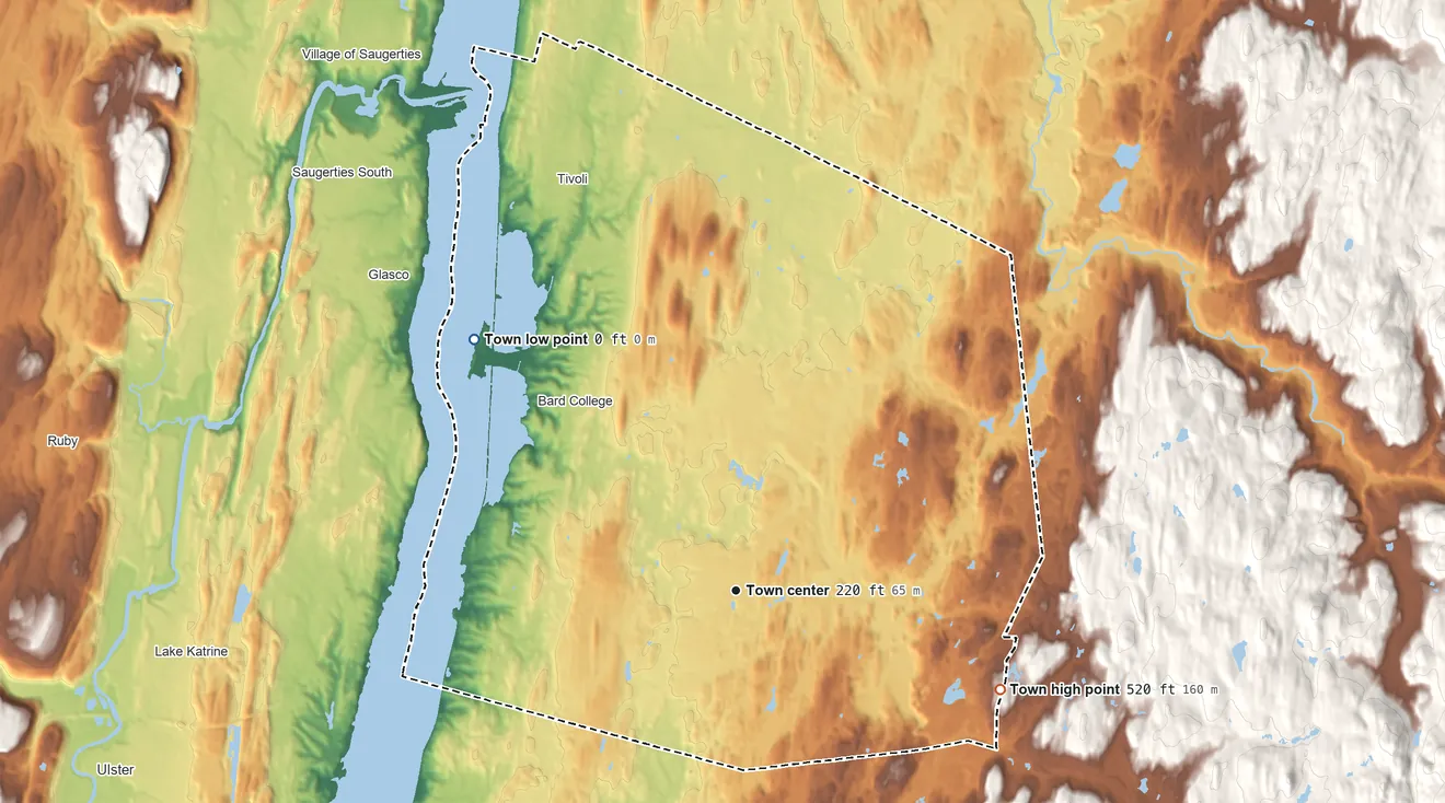 Topographic elevation map of Red Hook, New York, shaded from sea level level on North Bay to 520 ft on the east side