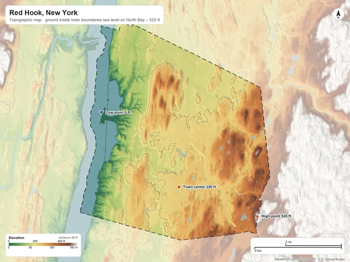 Topographic elevation map of Red Hook, New York, shaded from sea level level on North Bay to 520 ft on the east side