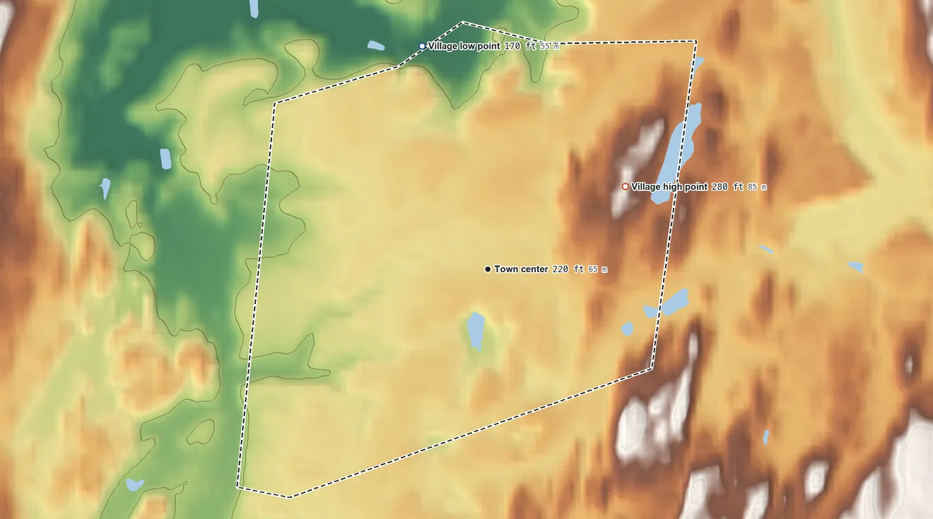 Topographic elevation map of Village of Red Hook, New York, shaded from 170 ft on the north side to 280 ft on the northeast side