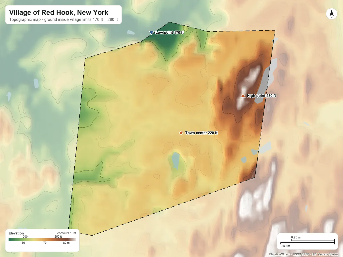 Topographic elevation map of Village of Red Hook, New York, shaded from 170 ft on the north side to 280 ft on the northeast side