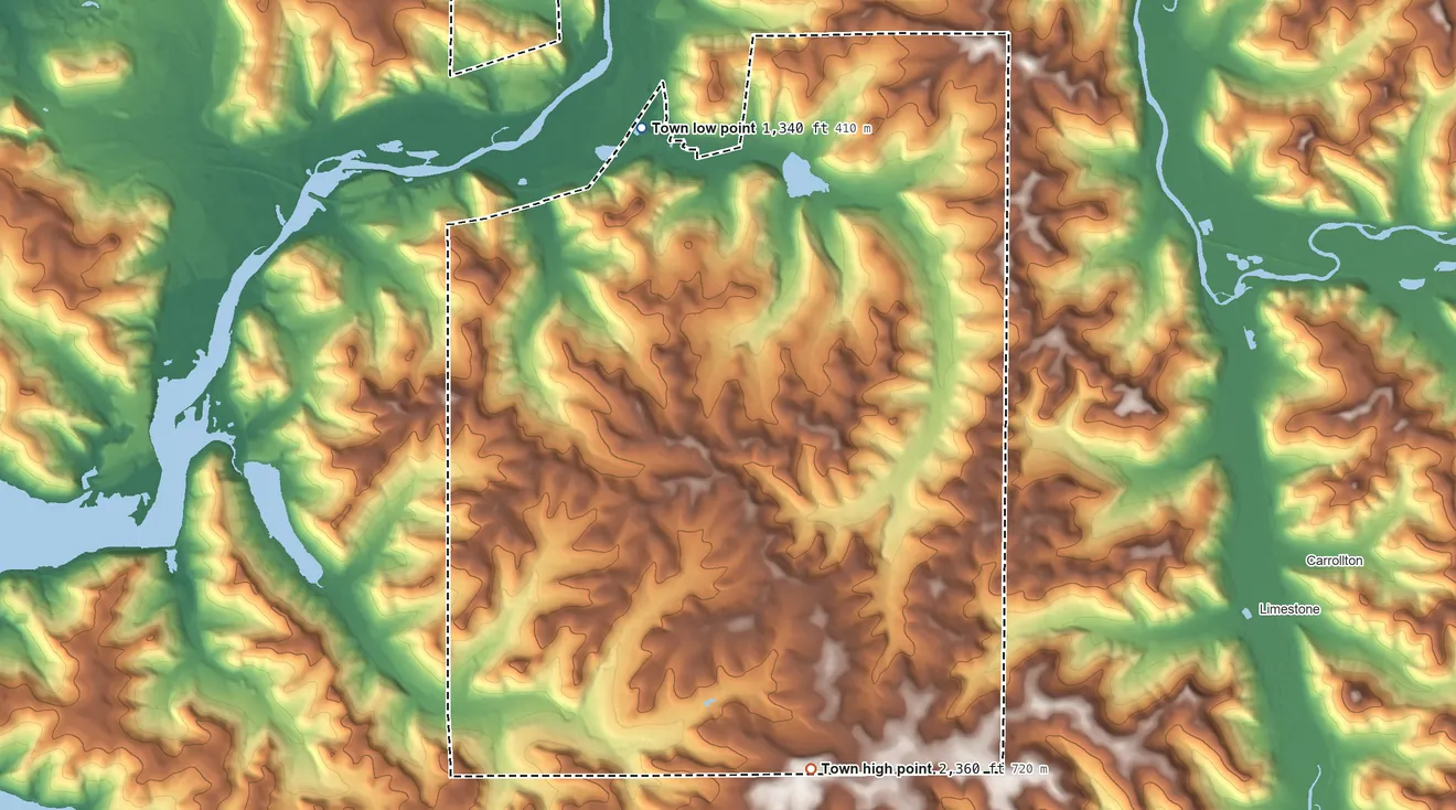 Topographic elevation map of Red House, New York, shaded from 1,340 ft on the north side to 2,360 ft on the south side