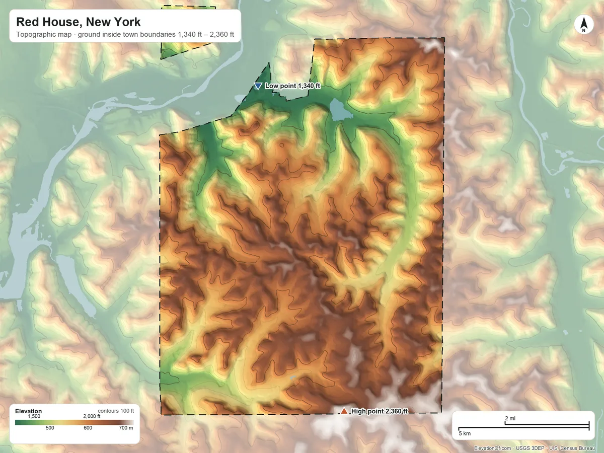 Topographic elevation map of Red House, New York, shaded from 1,340 ft on the north side to 2,360 ft on the south side