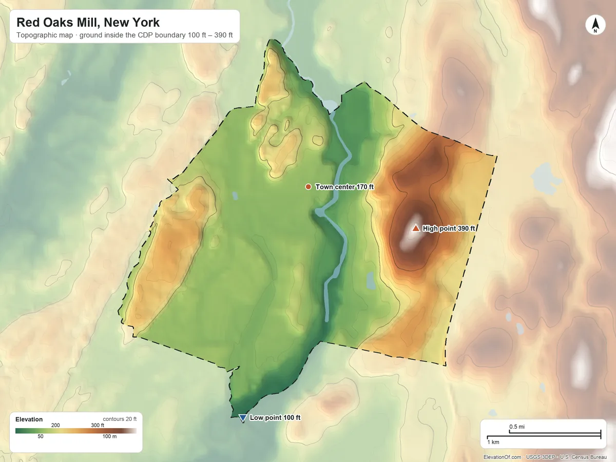 Topographic elevation map of Red Oaks Mill, New York, shaded from 100 ft on the south side to 390 ft on the east side