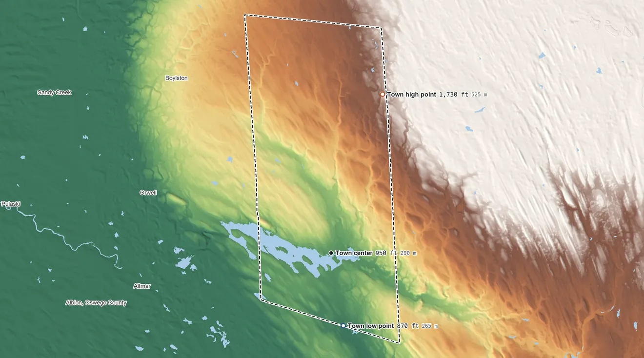 Topographic elevation map of Redfield, New York, shaded from 870 ft on the south side to 1,730 ft on the north side