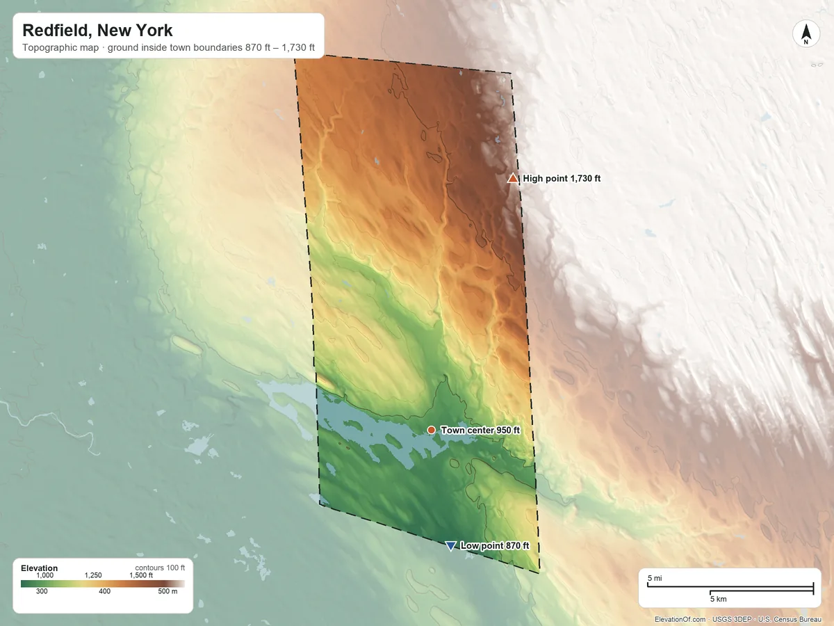 Topographic elevation map of Redfield, New York, shaded from 870 ft on the south side to 1,730 ft on the north side