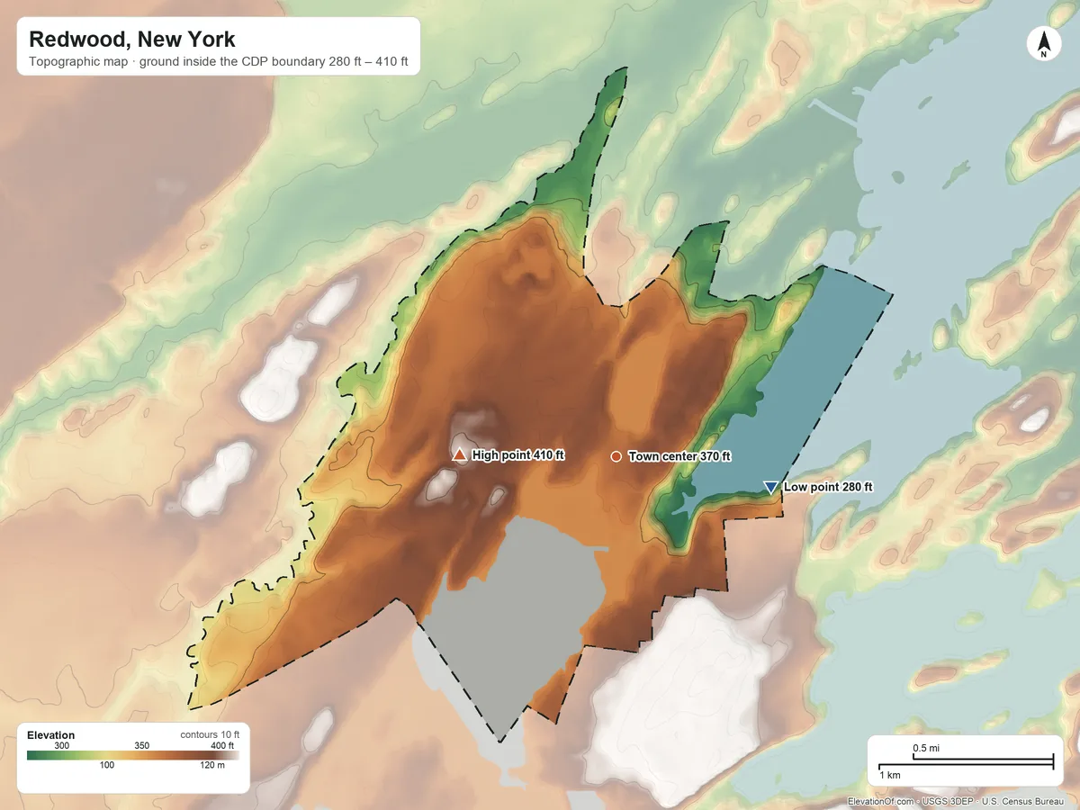 Topographic elevation map of Redwood, New York, shaded from 280 ft on the east side to 410 ft on the west side