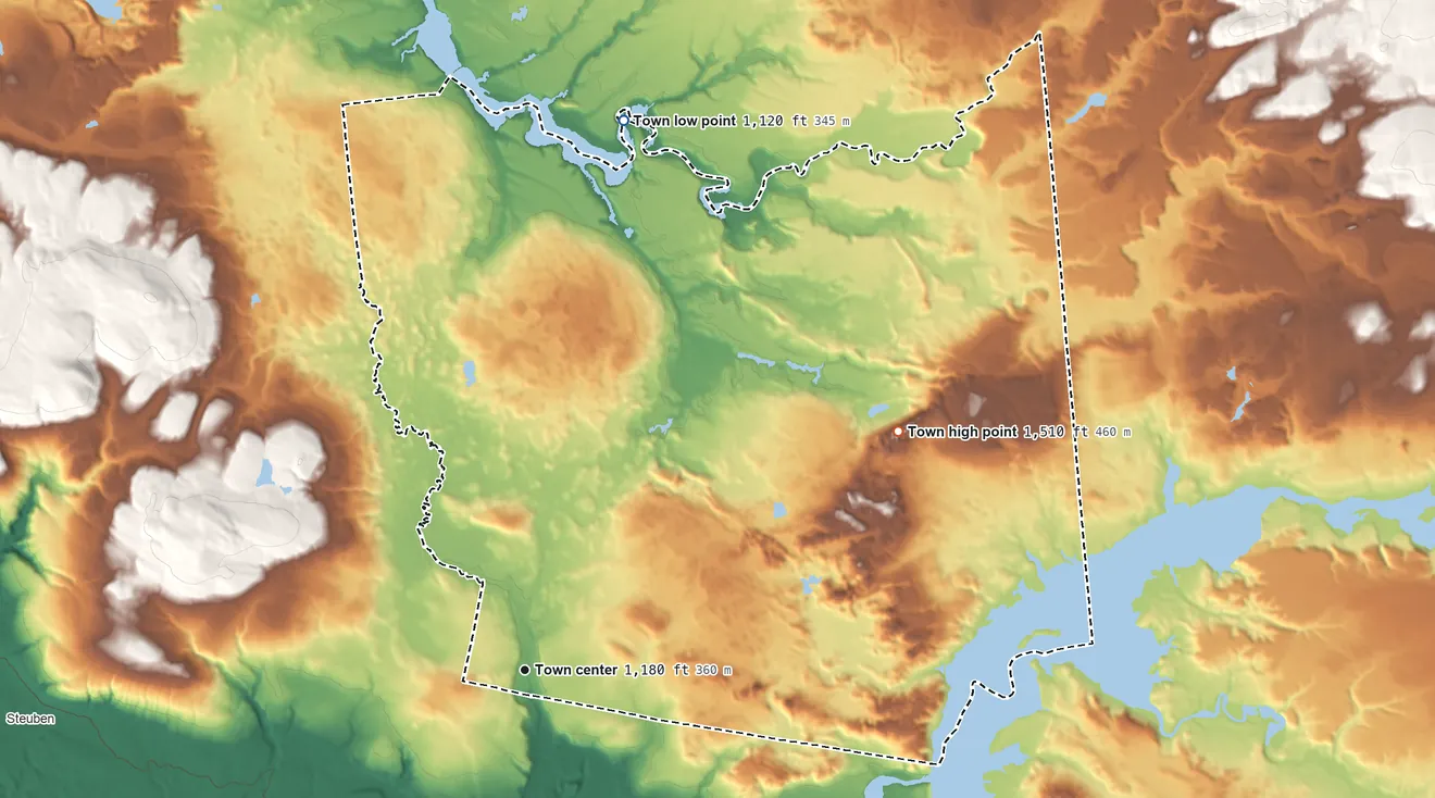 Topographic elevation map of Remsen, New York, shaded from 1,120 ft on the north side to 1,510 ft on Bailey Hills