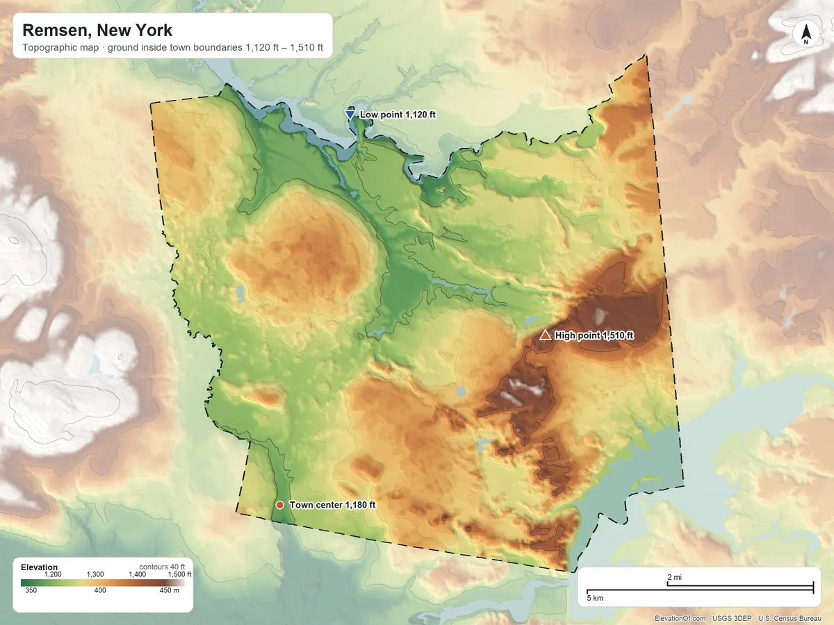 Topographic elevation map of Remsen, New York, shaded from 1,120 ft on the north side to 1,510 ft on Bailey Hills