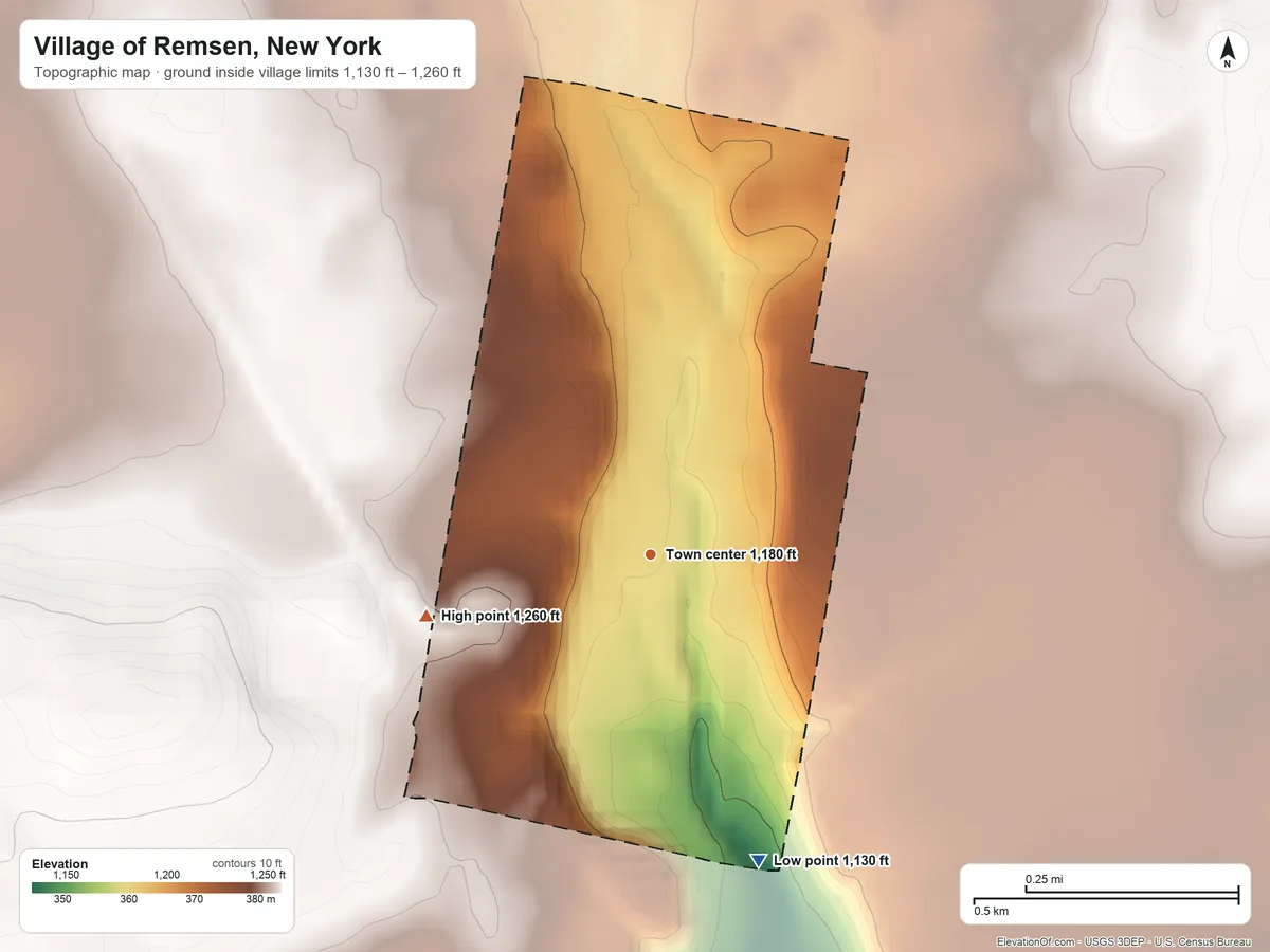 Topographic elevation map of Village of Remsen, New York, shaded from 1,130 ft on the south side to 1,260 ft on the west side