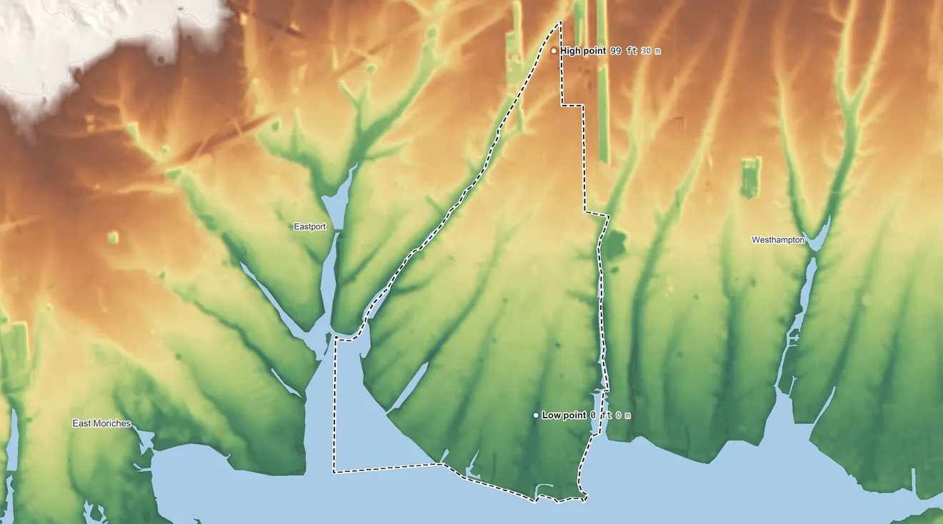 Topographic elevation map of Remsenburg-Speonk, New York, shaded from sea level level on Moriches Bay to 99 ft on the north side