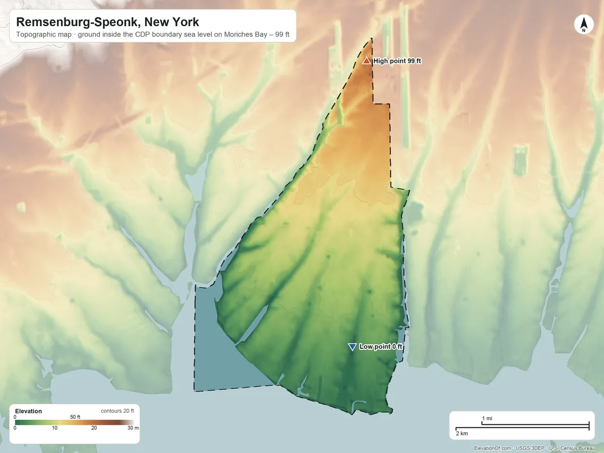 Topographic elevation map of Remsenburg-Speonk, New York, shaded from sea level level on Moriches Bay to 99 ft on the north side
