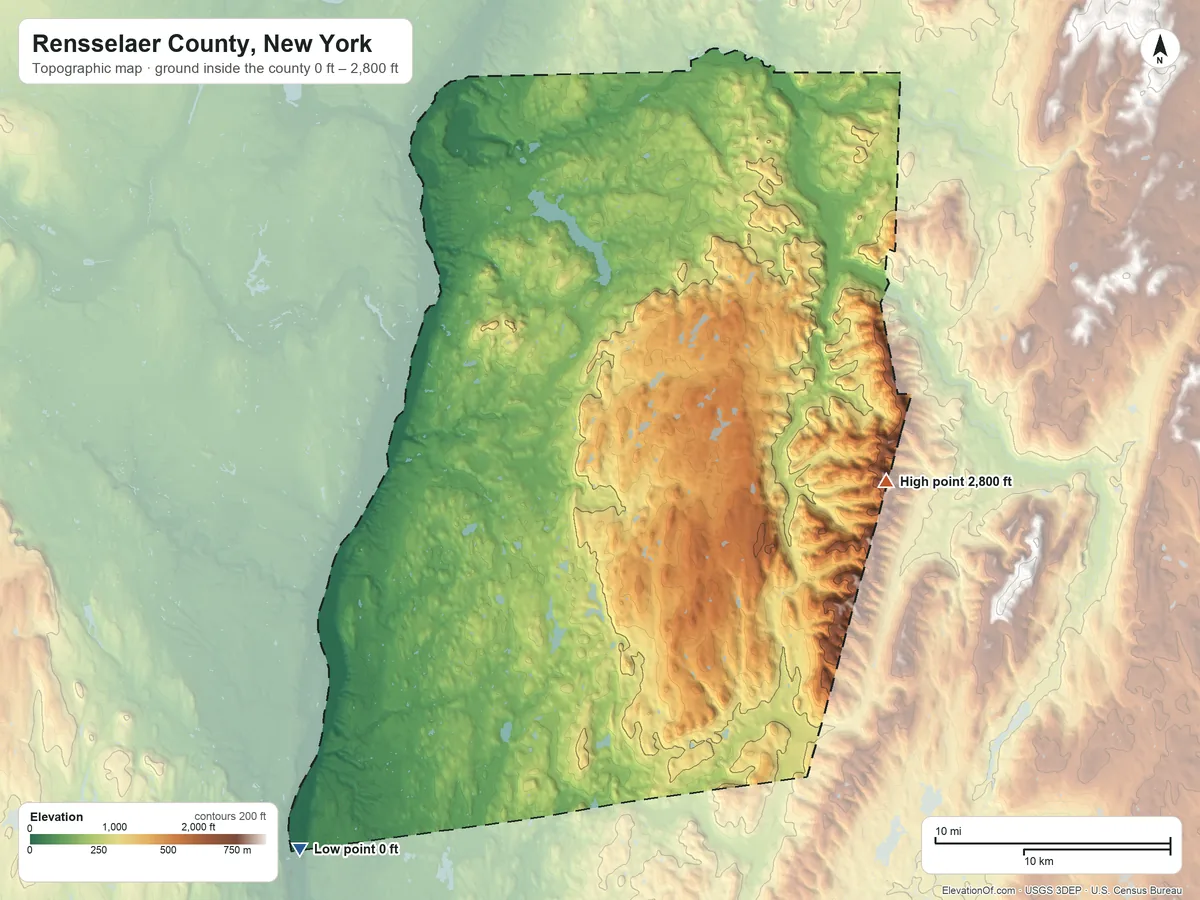 Topographic elevation map of Rensselaer County, New York, shaded from 0 ft on the southwest side to 2,800 ft on Berlin Mountain