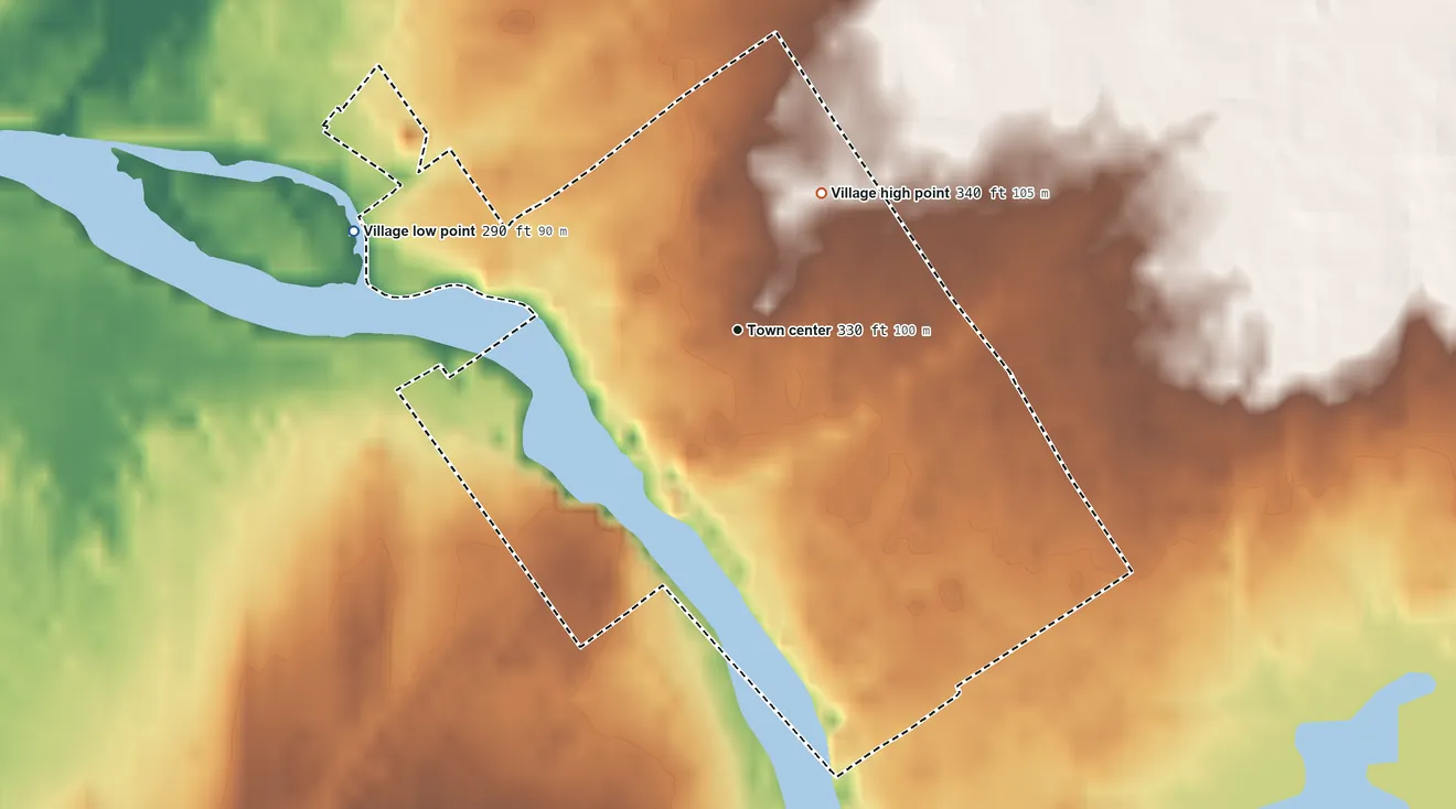 Topographic elevation map of Rensselaer Falls, New York, shaded from 290 ft on the west side to 340 ft on the northeast side