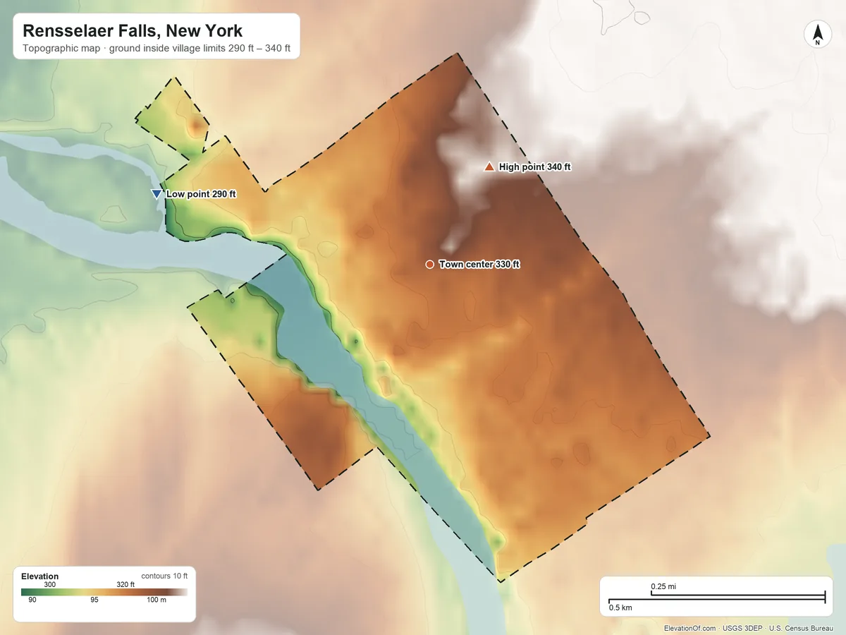 Topographic elevation map of Rensselaer Falls, New York, shaded from 290 ft on the west side to 340 ft on the northeast side