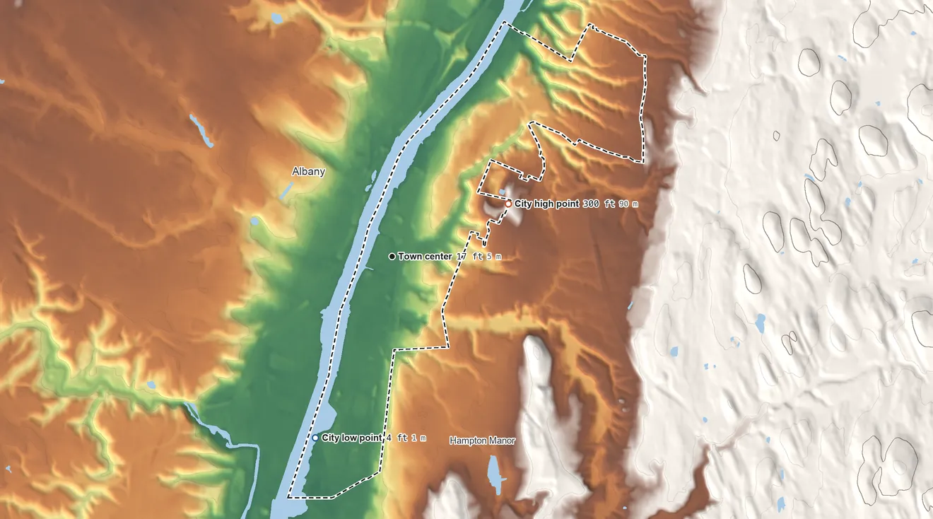 Topographic elevation map of Rensselaer, New York, shaded from 4 ft on the southwest side to 300 ft on the northeast side